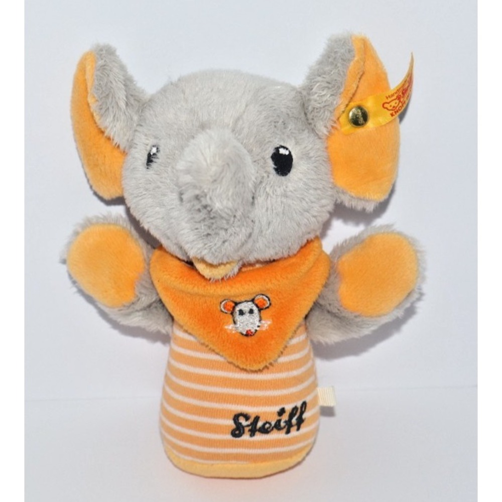STEIFF Trampili Stuffed Baby Toy Plush Elephant Orange White Stripes Rattle